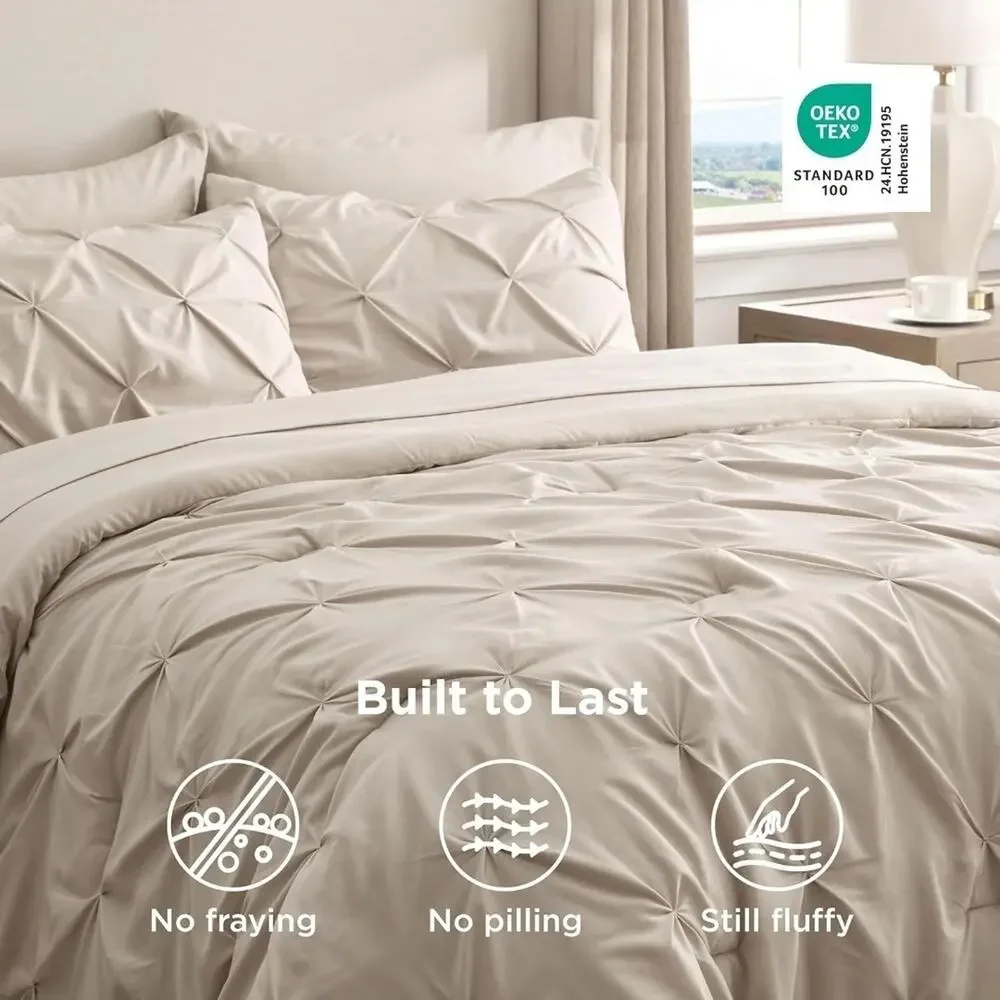 Bedsure Twin XL Comforter Set Beige Pinch Pleat 5pc Dorm Bed in a Bag NEW